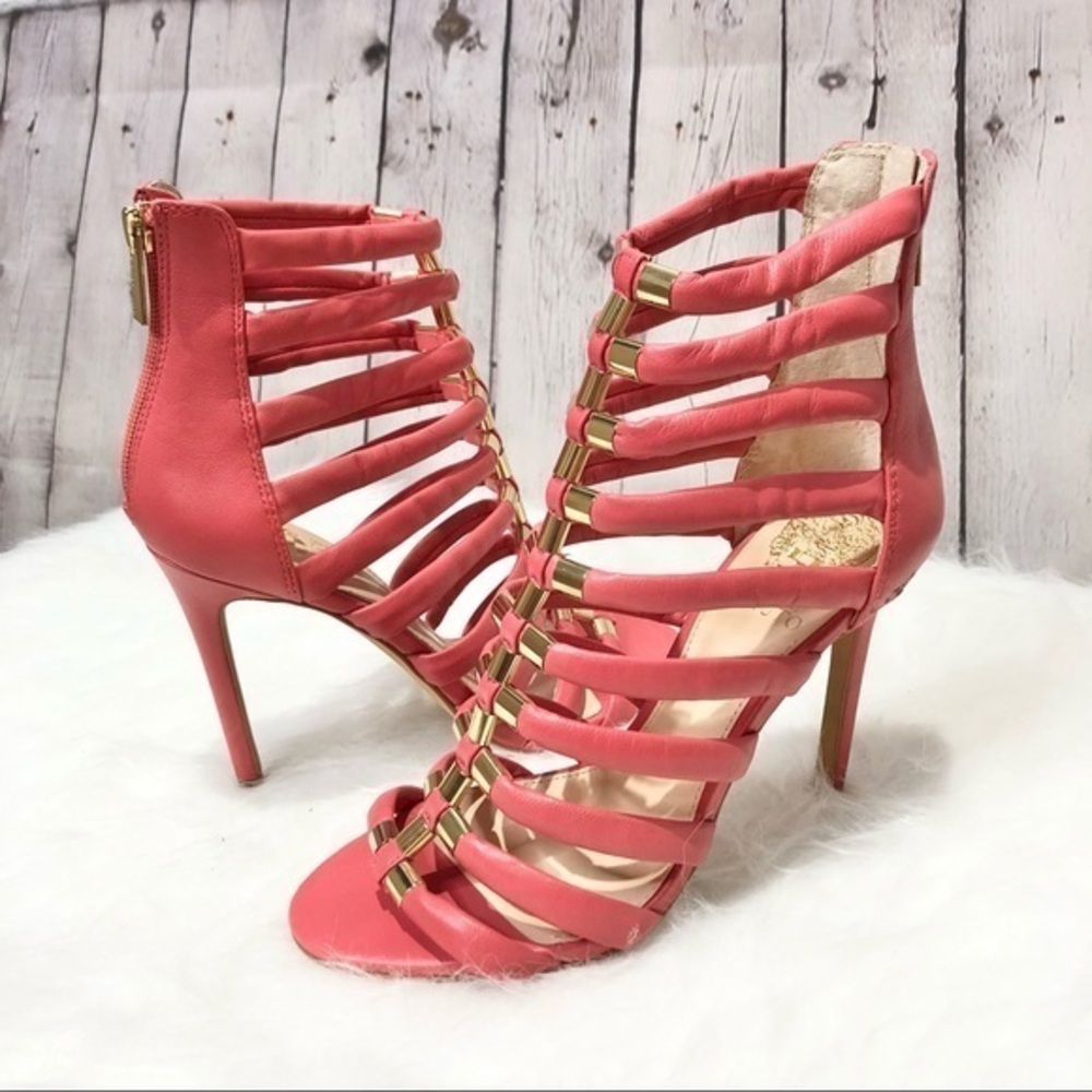 Vince Camuto Coral Strappy Gladiator Heels with Gold Accents